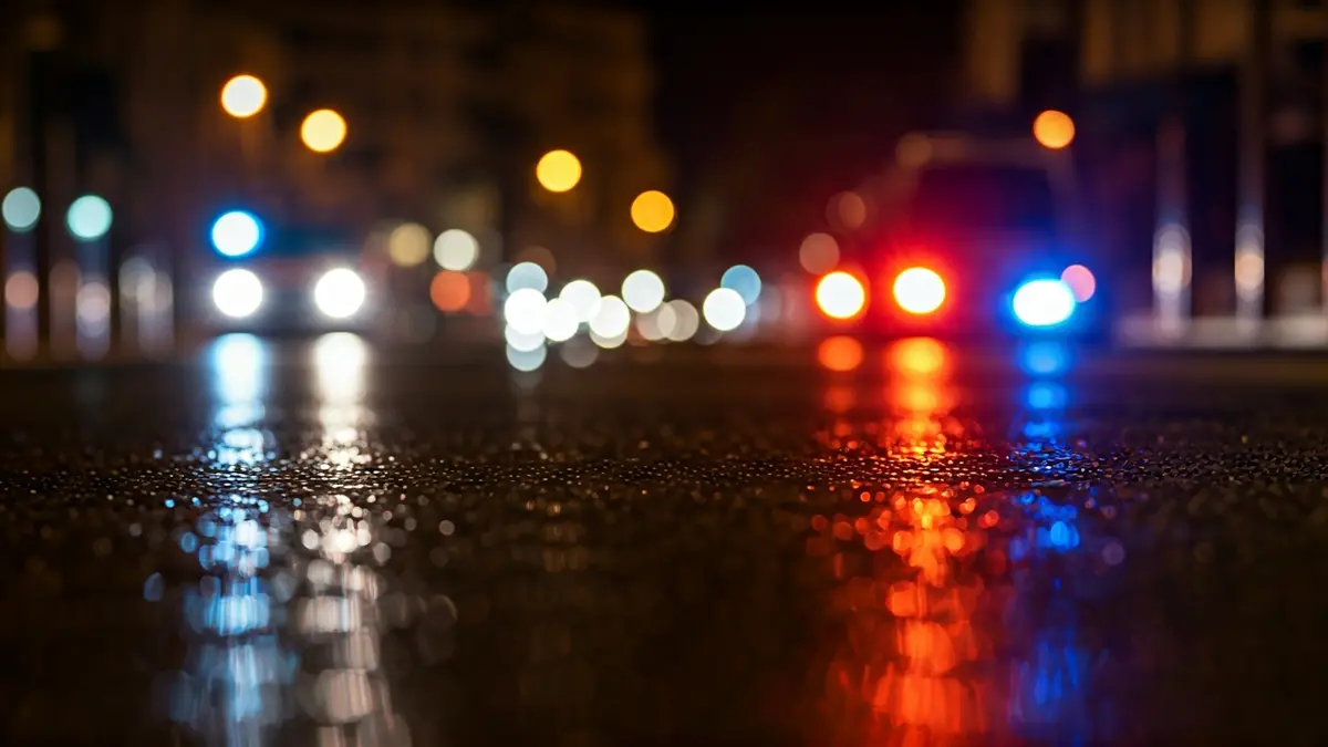 Generic image of emergency lights reflecting on wet asphalt at night.