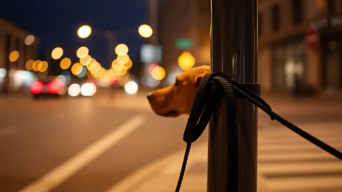 Image of a dog's leash tied to a lamppost on a street at night.