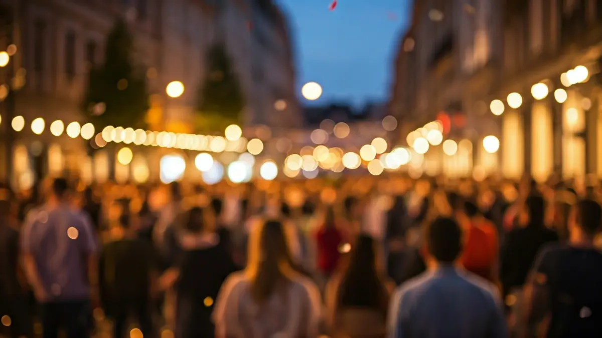Generic image of a town festival with confetti and lights.