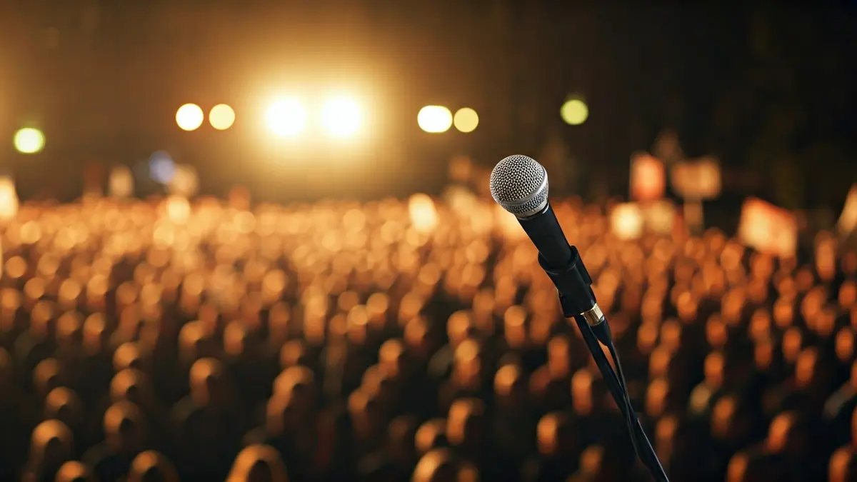 Generic image of a political rally with a microphone in the foreground and a blurred crowd in the background.