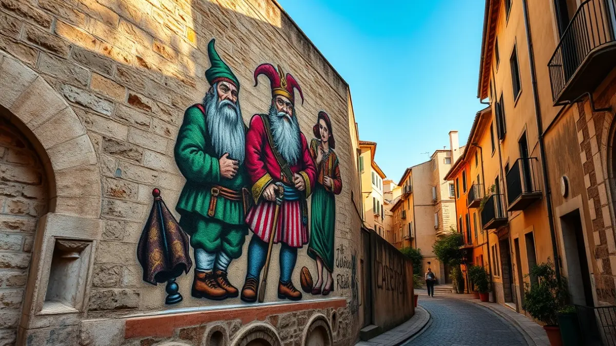 Mural artístic urbà amb motius culturals catalans en una paret de pedra