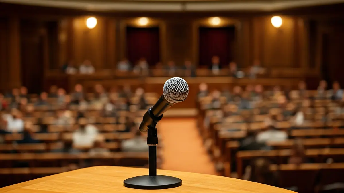 Imagen genérica de un micrófono en un atril en una sala de asambleas vacía.
