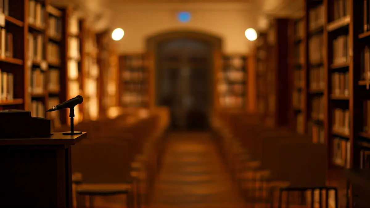Imatge genèrica d'una sala de conferències o presentació de llibres amb un micròfon i cadires buides.