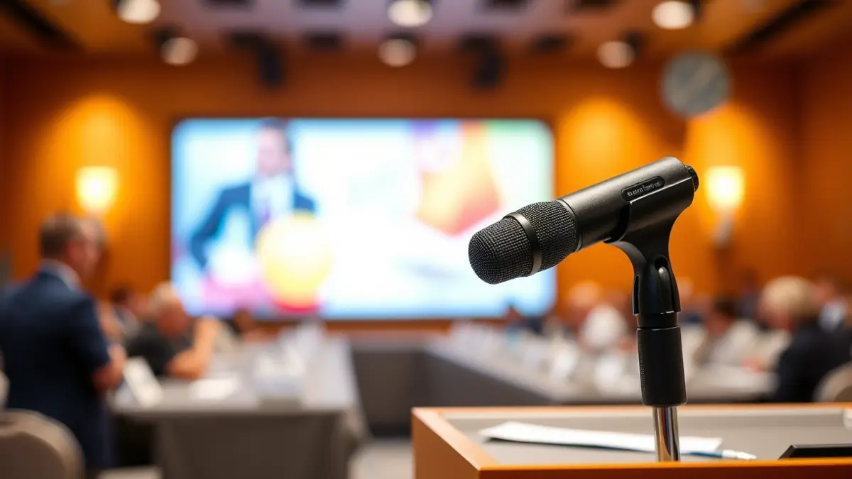 Imatge genèrica d'un micròfon en un podi durant una jornada o conferència.
