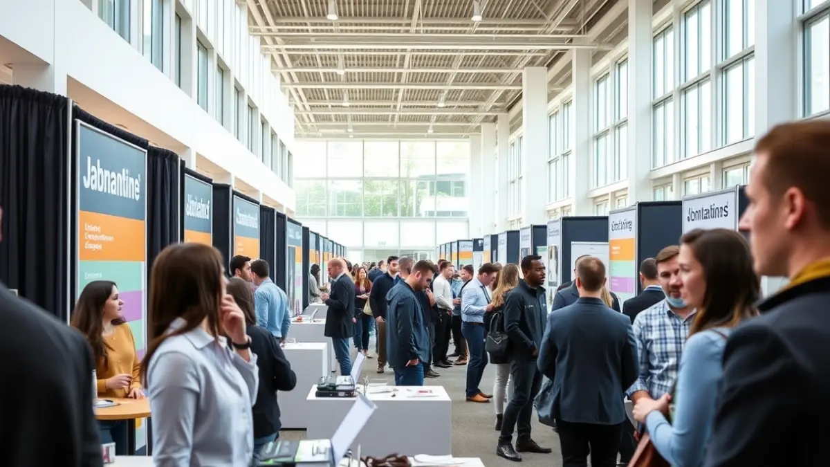Imagen genérica de una feria de empleo con stands y personas interactuando.