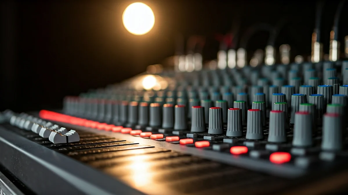 Imagen genérica de una mesa de sonido con luces de escenario.