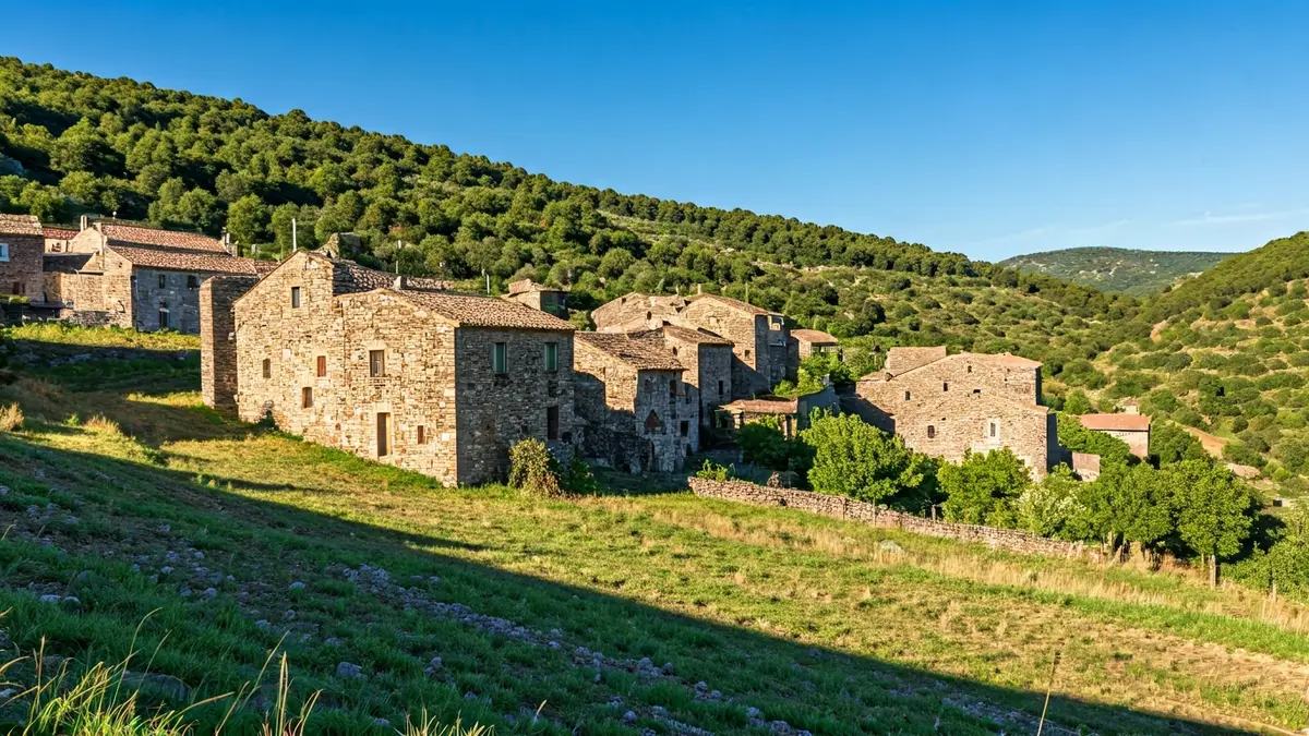 Image of a Catalan rural village with stone houses and natural surroundings.