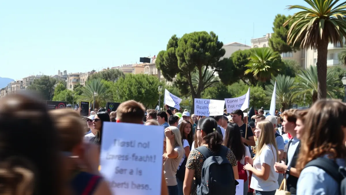 Imatge d'un grup de joves reunits en un parc durant un acte polític.