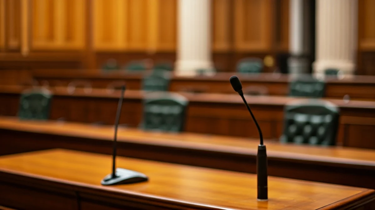 Imatge genèrica d'un saló de plens municipal buit, amb un micròfon en primer pla, simbolitzant la incertesa política.