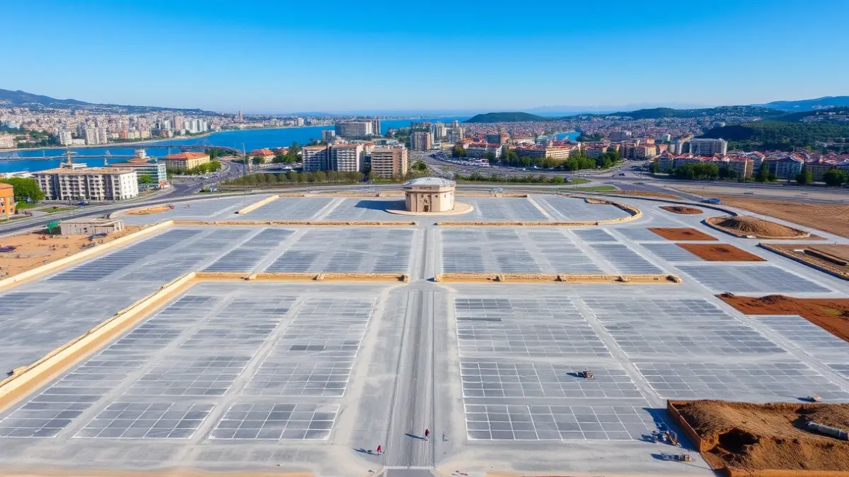 Imagen aérea de un aparcamiento en construcción en una ciudad mediterránea.