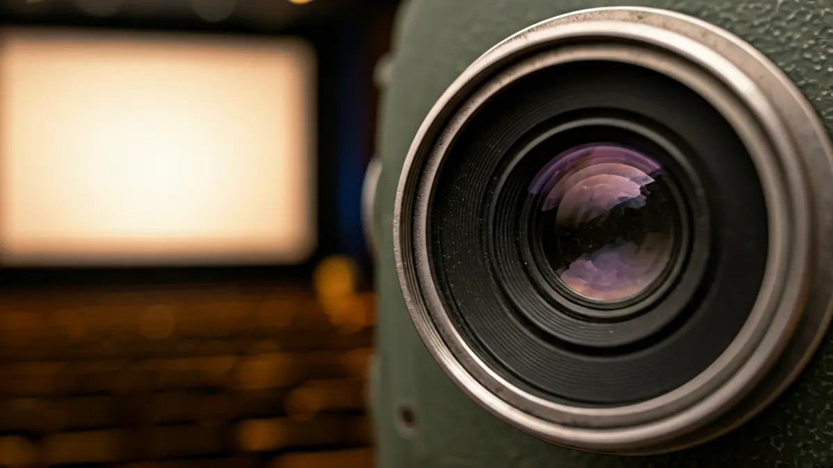Generic image of a vintage film projector, with a blurred screen in the background.
