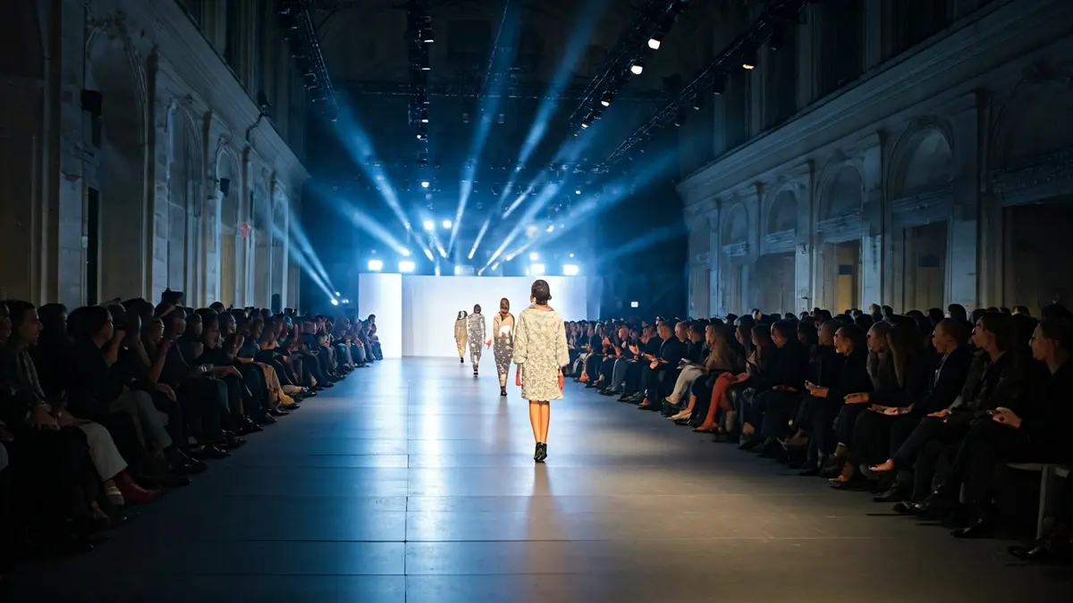 Generic image of a fashion runway with spotlights and empty seats.