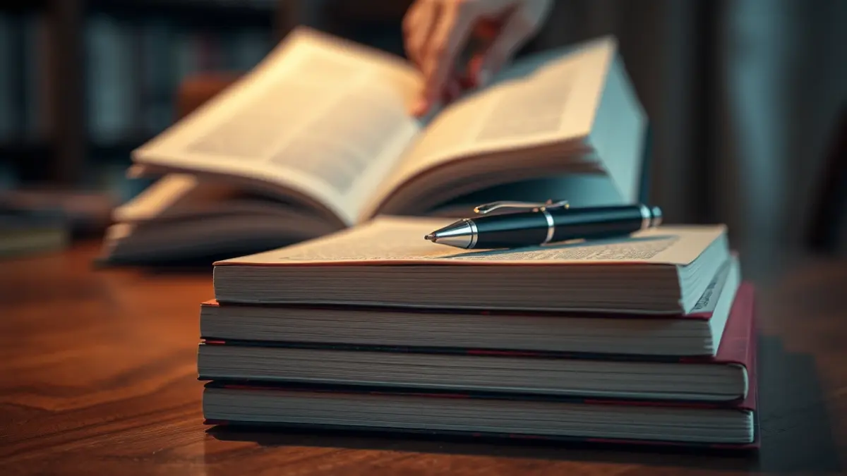 Imatge genèrica de llibres apilats en una taula, amb una ploma, en un ambient de lectura càlid.