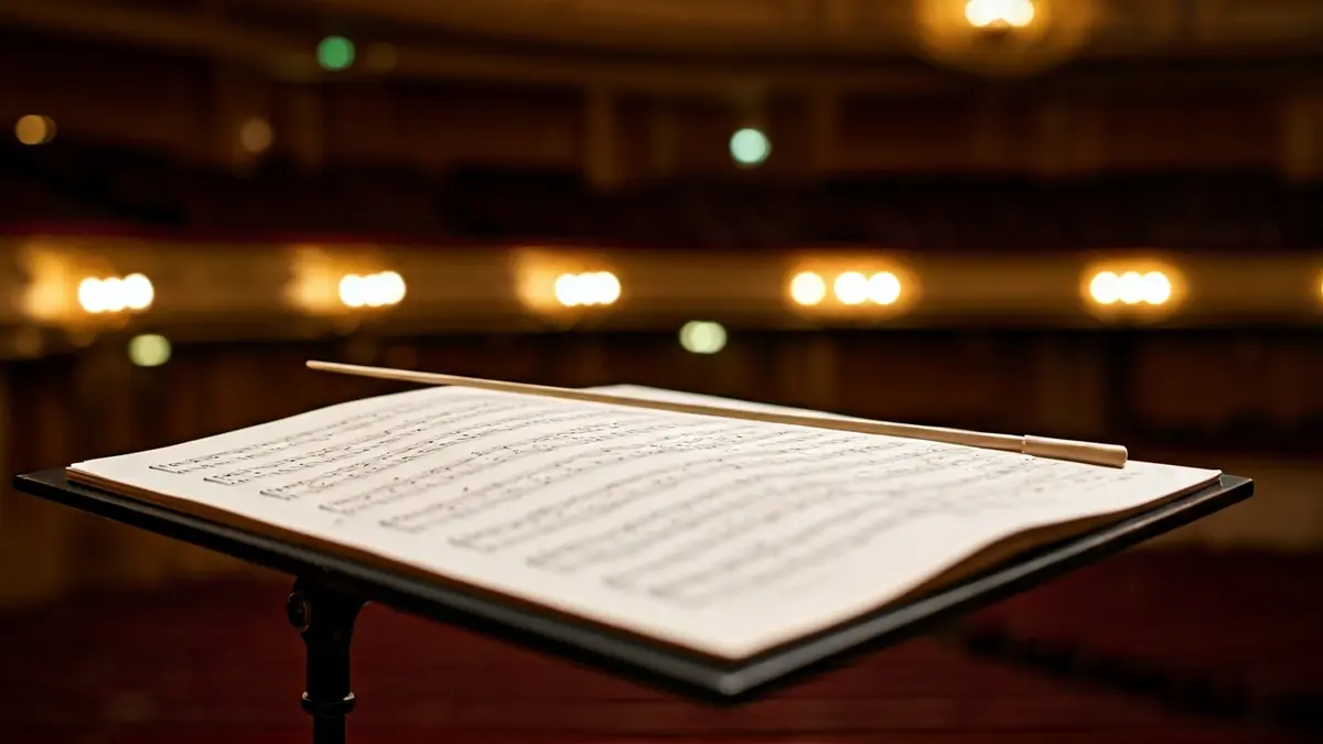 Generic image of a conductor's baton on a music stand with sheet music.