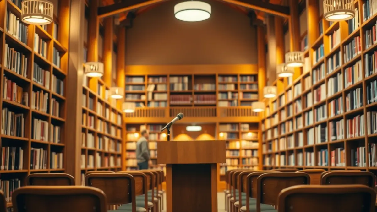 Imagen genérica de una biblioteca acogedora con estanterías de madera y un ambiente cálido de lectura.