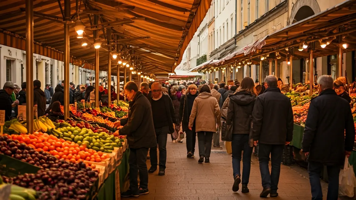 Generic image of a vibrant market with fresh produce and people.