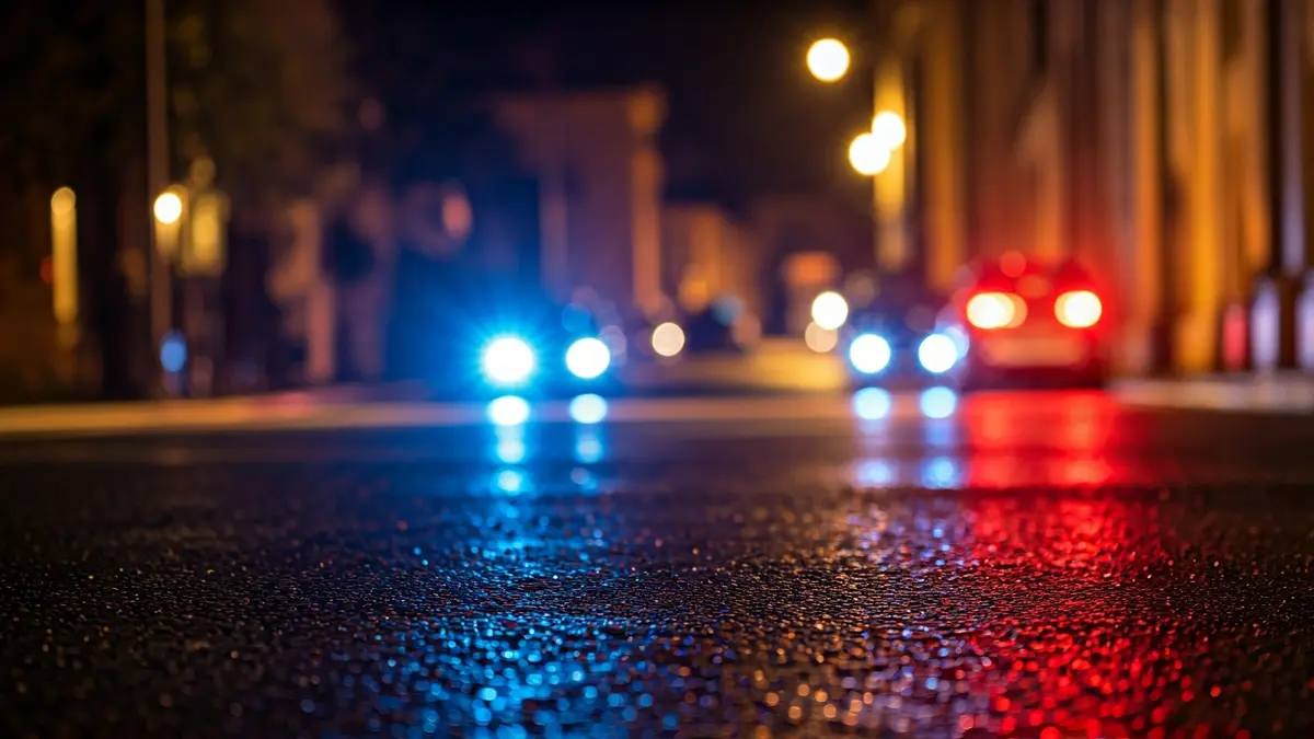 Imatge genèrica de llums d'emergència reflectint-se sobre asfalt mullat.