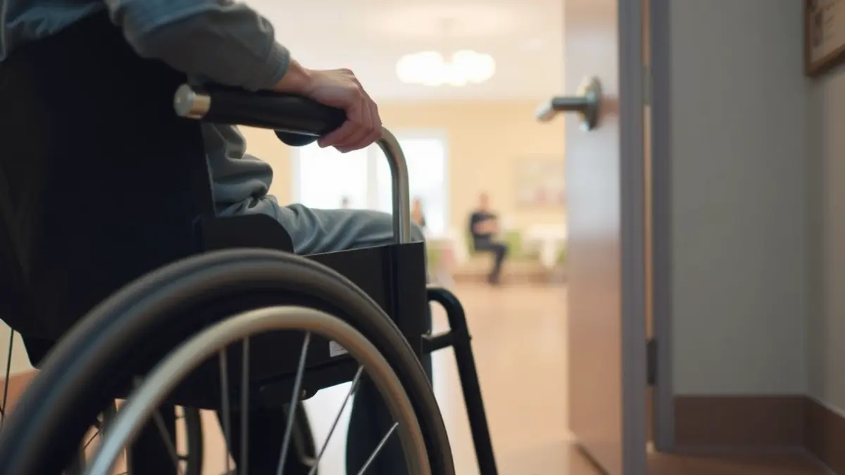 Imatge d'una persona en cadira de rodes intentant obrir una porta manual, amb l'interior d'una cafeteria borrosa al fons.