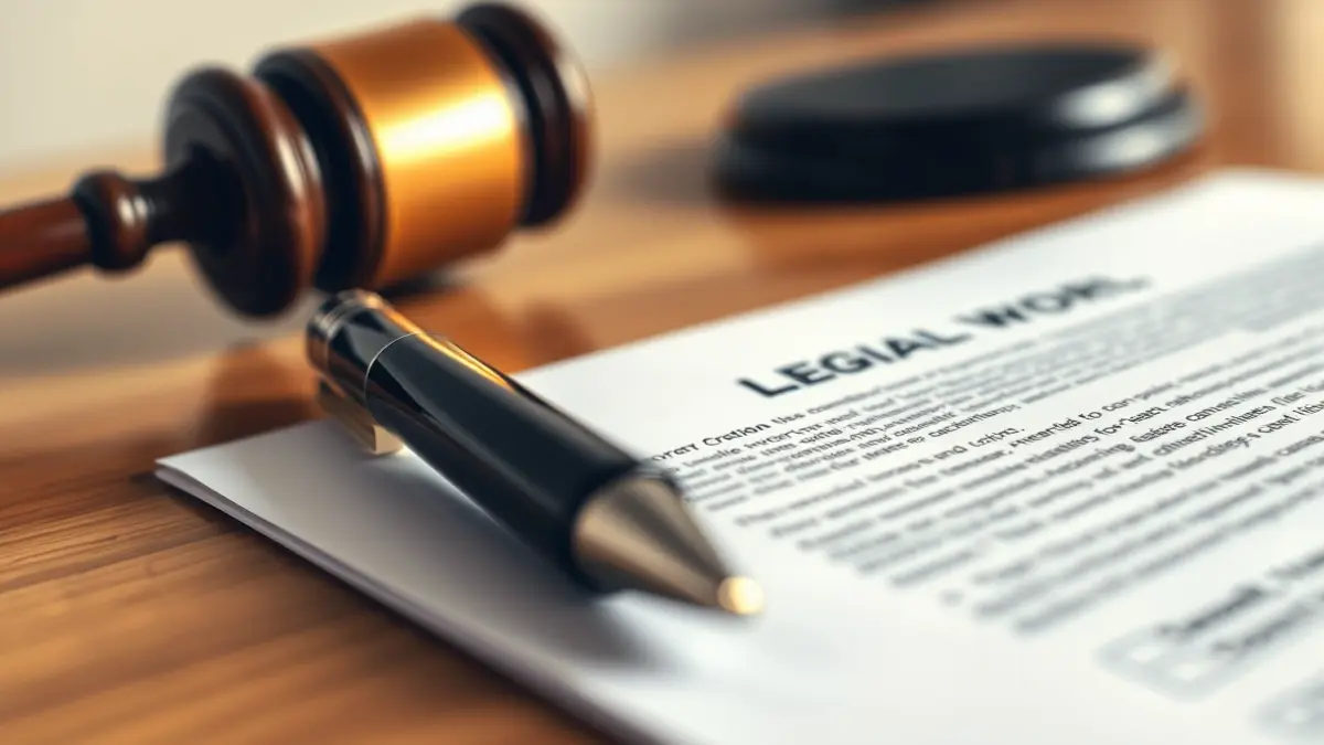 Imatge genèrica d'un document legal amb una ploma i un mall de jutge.