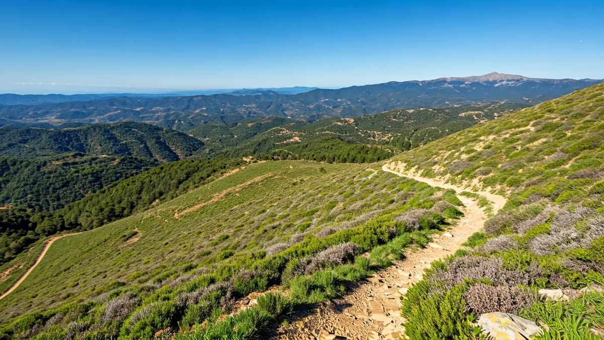 Generic image of a mountain trail with green vegetation under a blue sky.