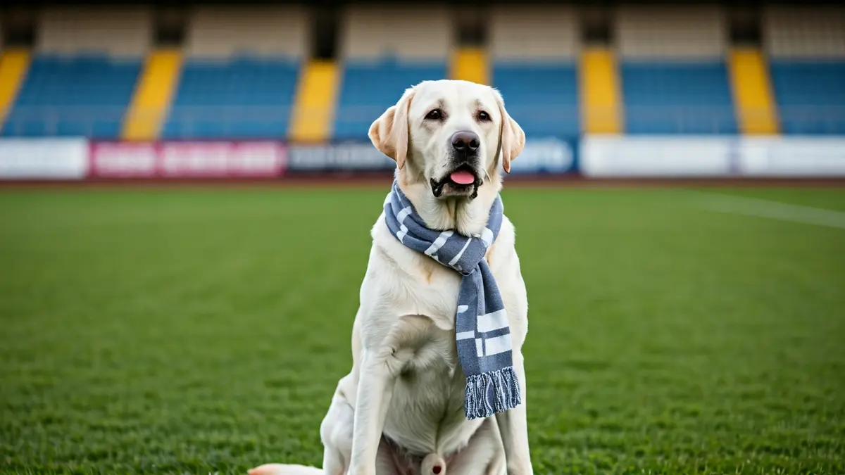 La Canya, la perra de terapia y mascota del Girona FC, en un campo de fútbol.