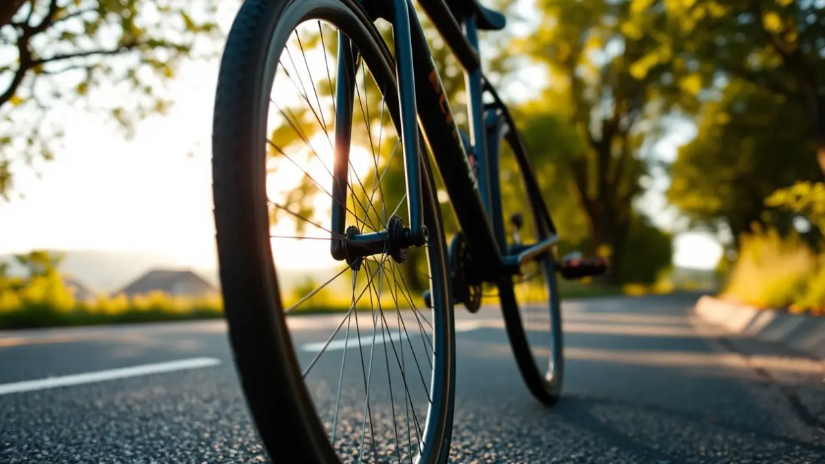 Generic image of a bicycle on a road with green landscape.
