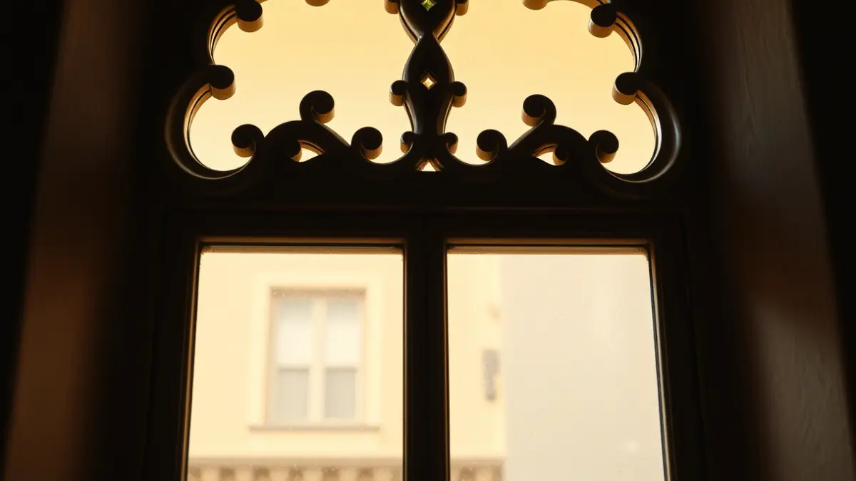 Ventana modernista con detalles orgánicos y mosaicos, iluminada con luz cálida.