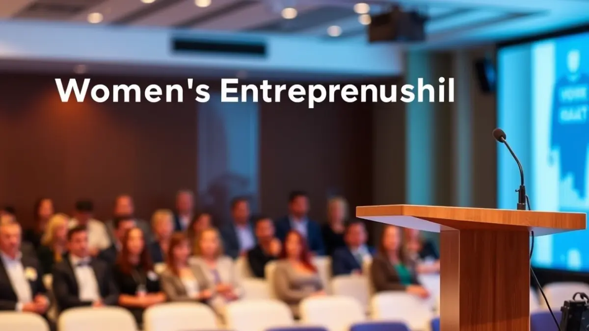 Imagen genérica de una sala de conferencias con un podio y un micrófono, simbolizando un evento empresarial.