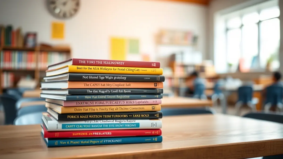 Generic image of educational books on a table, with a blurred classroom background.