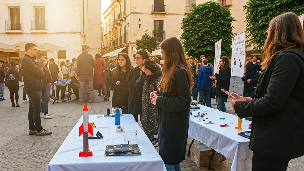 Imatge d'estudiants presentant projectes científics a l'aire lliure en una fira de ciència.