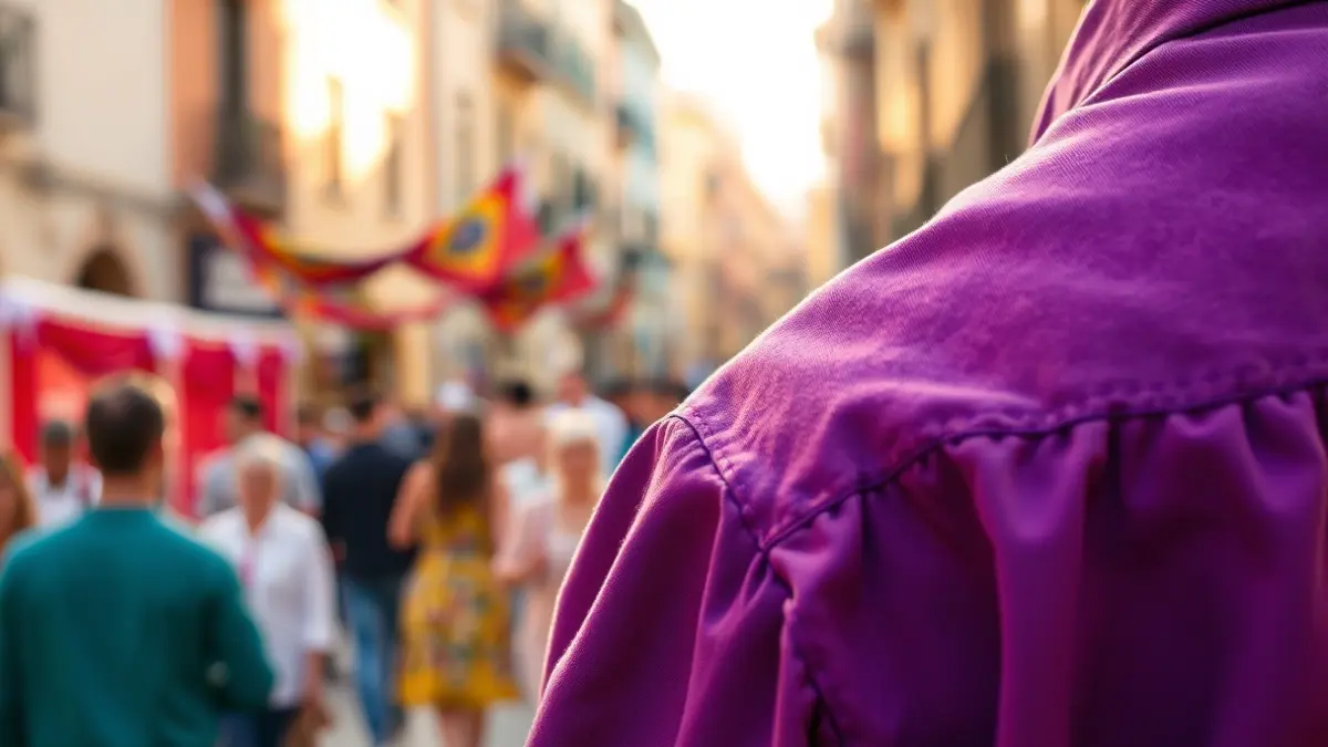 Camiseta morada de un casteller, con un fondo festivo desenfocado