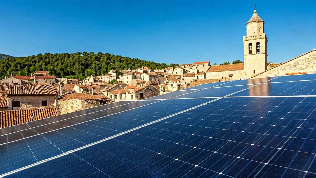 Panells solars en una teulada d'un poble mediterrani sota un cel blau.
