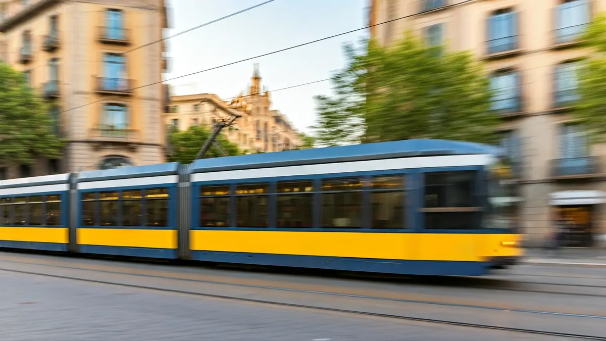 Generic image of a modern tram moving through an urban street.