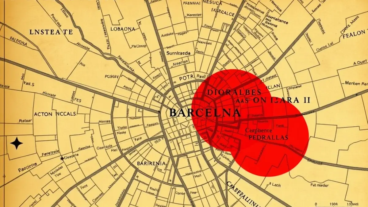 Old map of Barcelona with Diagonal and Pedralbes highlighted.