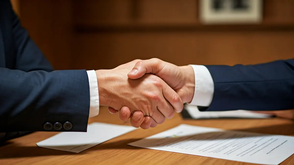 Imatge genèrica de dues mans encaixant sobre un escriptori amb documents, simbolitzant la signatura d'un contracte.