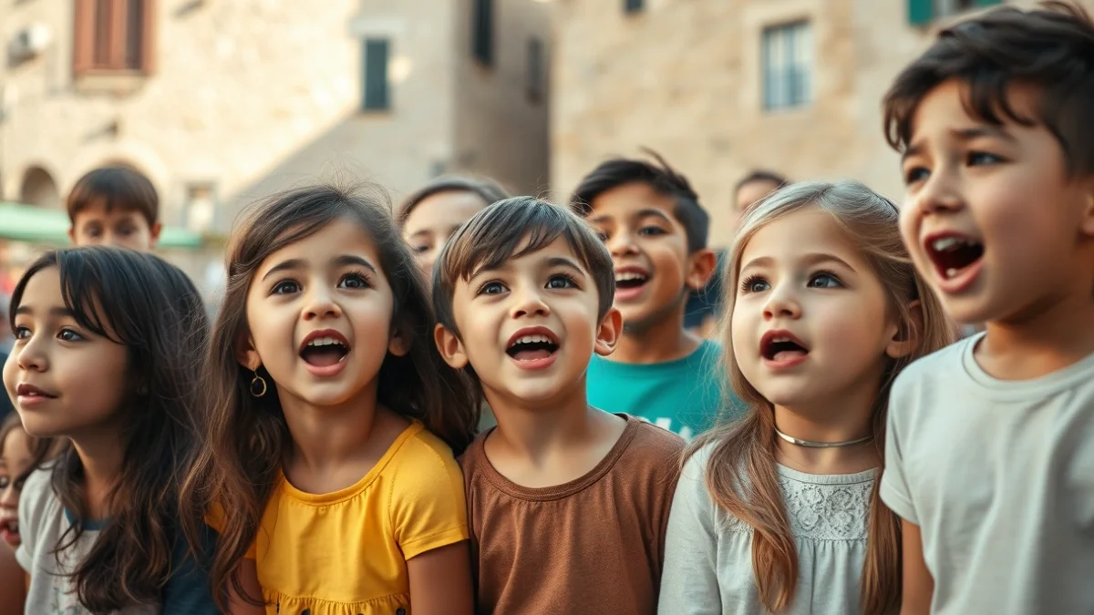 Children singing in a children's choir in a Mediterranean square.