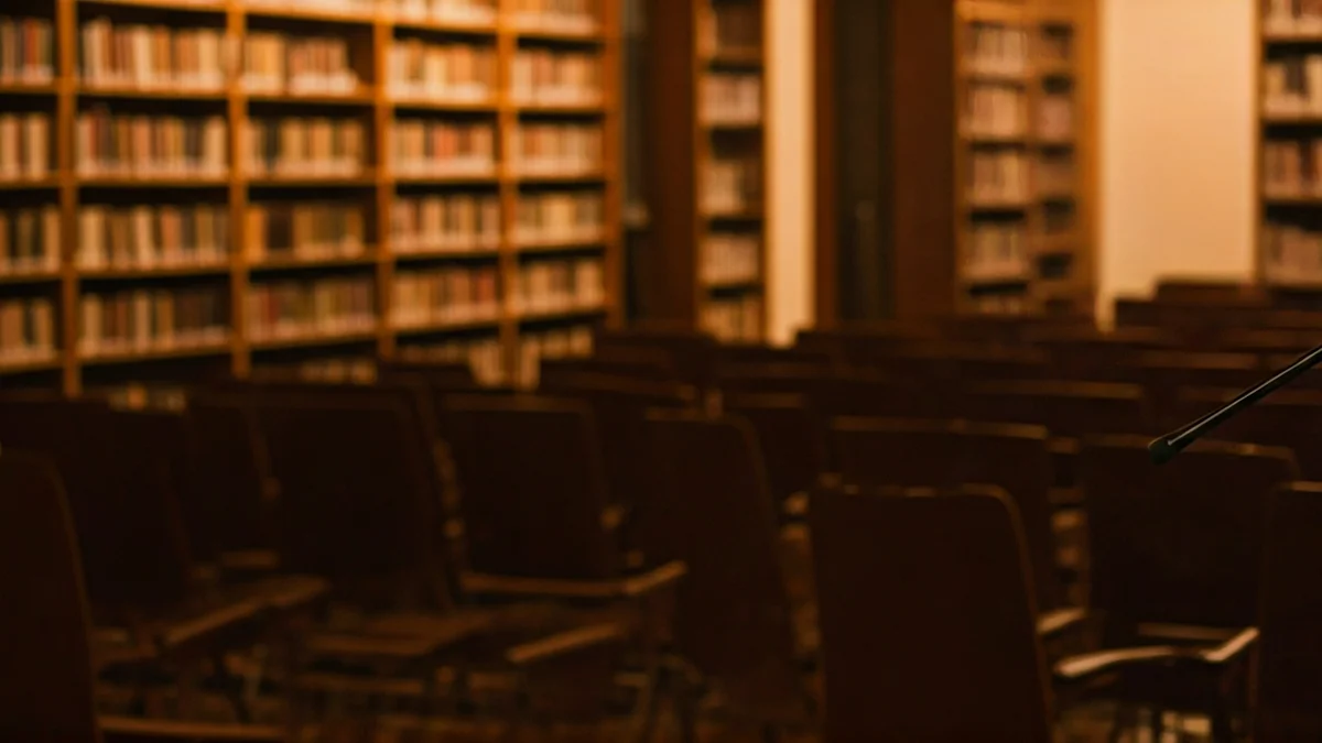 Imagen genérica de un espacio cultural con un micrófono y sillas, cálidamente iluminado.