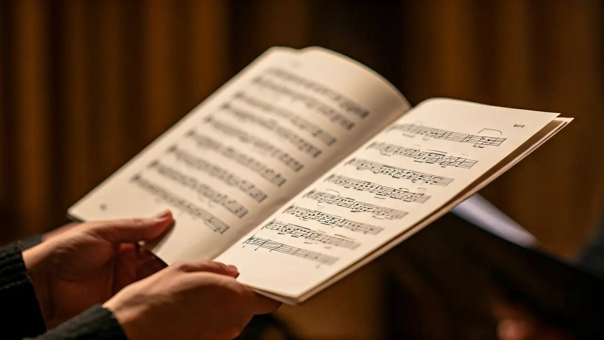 Imatge genèrica d'una partitura musical amb mans borroses, en un ambient de sala d'assaig.