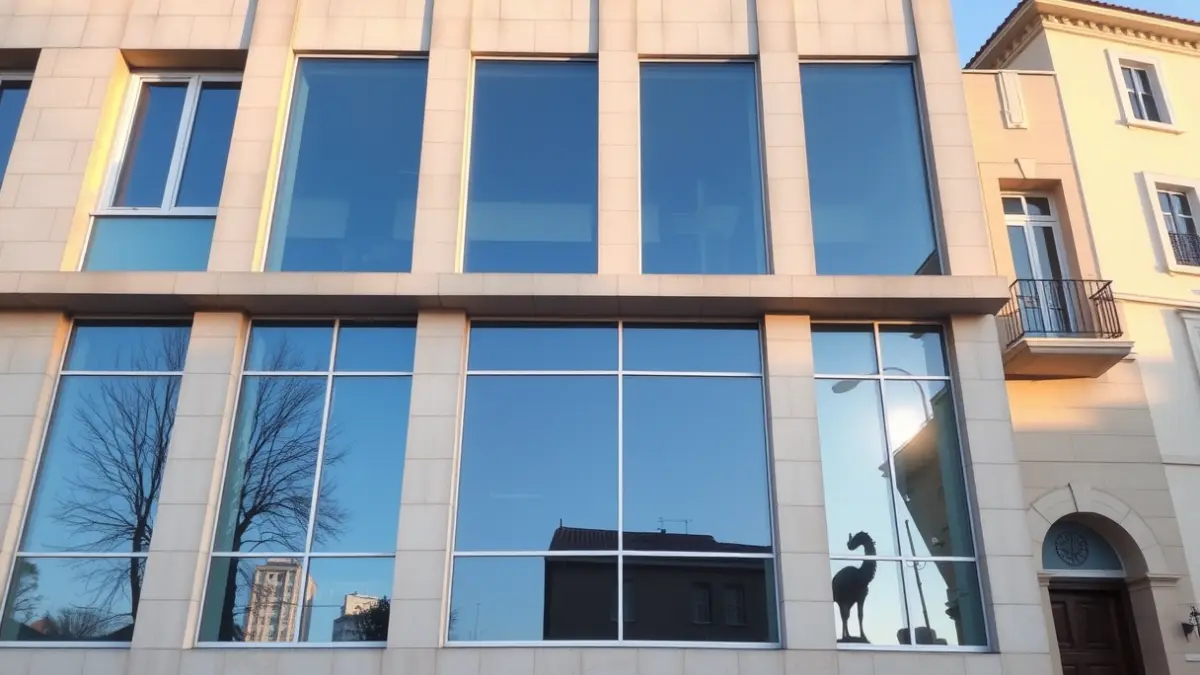 Imagen de un centro cultural moderno con grandes ventanales y luz cálida.