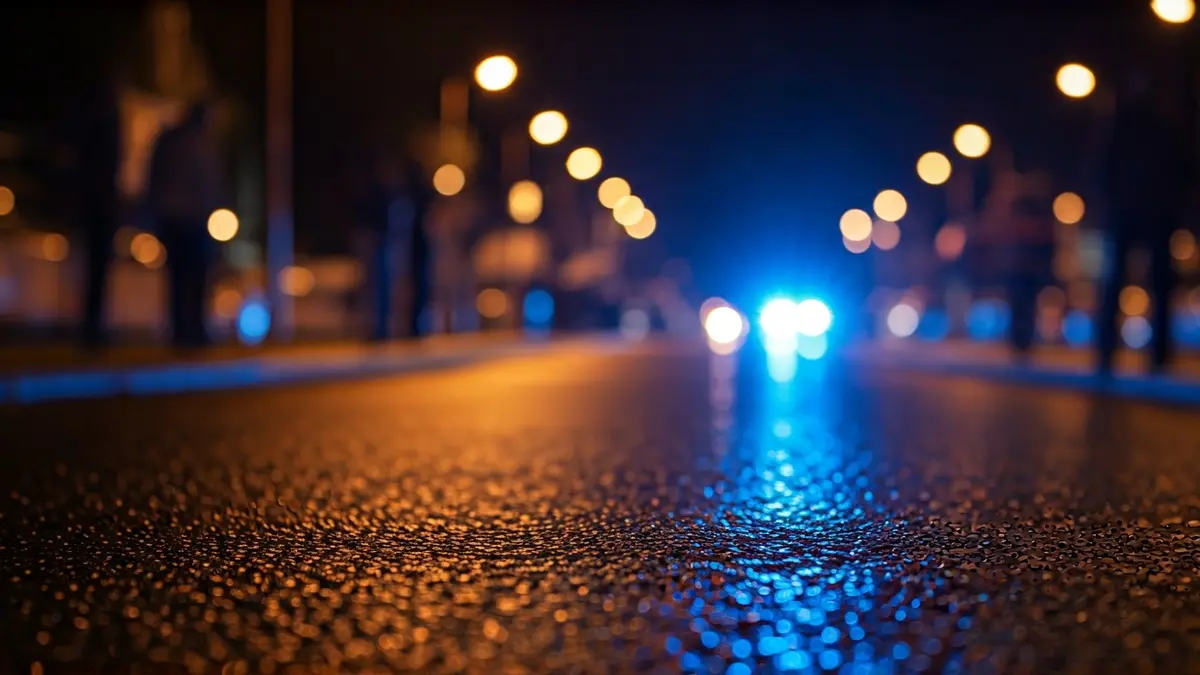 Imatge genèrica de llums d'emergència reflectides sobre asfalt mullat de nit.
