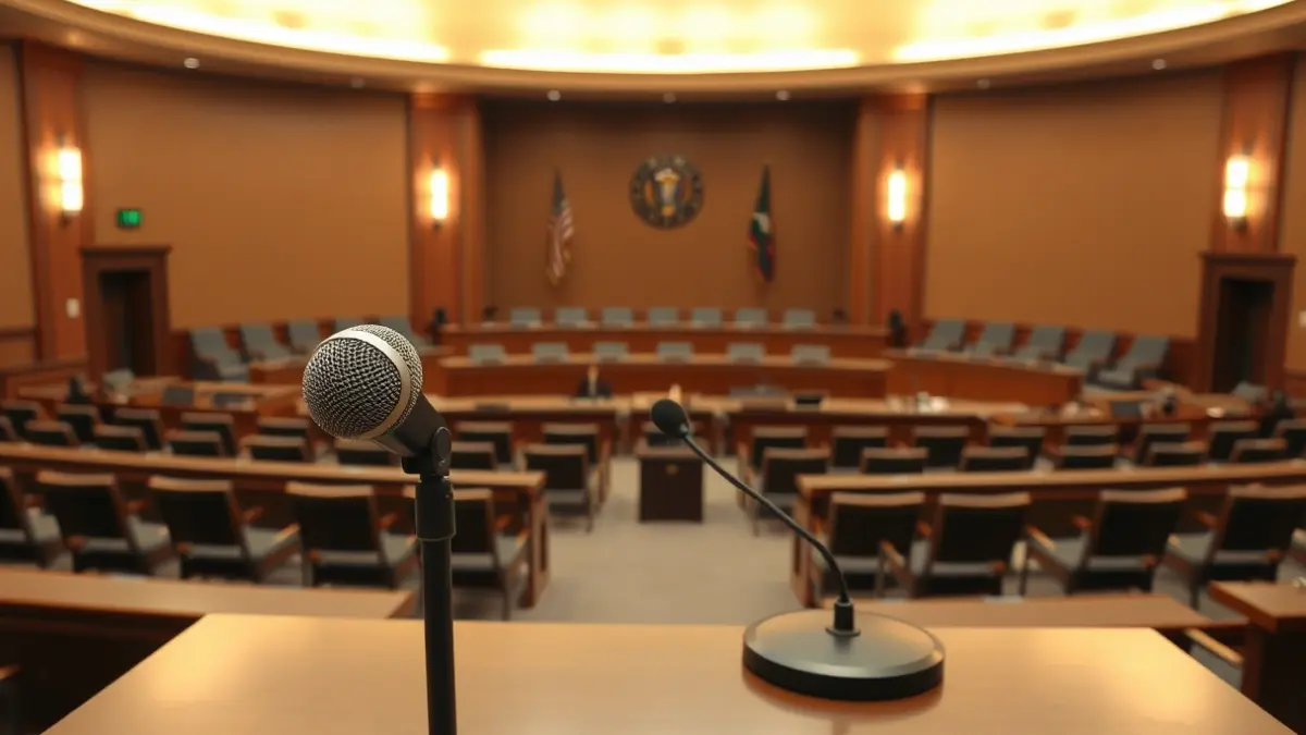 Imatge genèrica d'un saló de plens municipal buit amb un micròfon al faristol.
