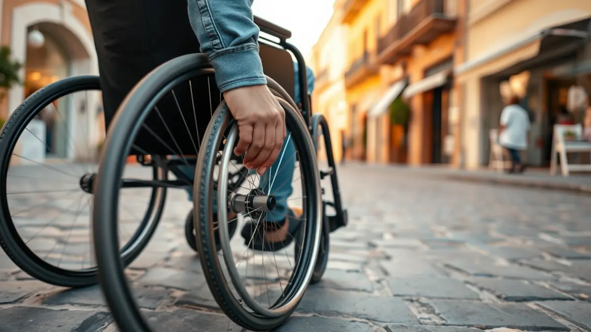 Generic image of a person in a wheelchair on a pedestrian street.