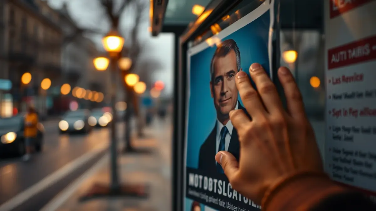 Imatge d'una mà col·locant un cartell polític en una marquesina de Barcelona.