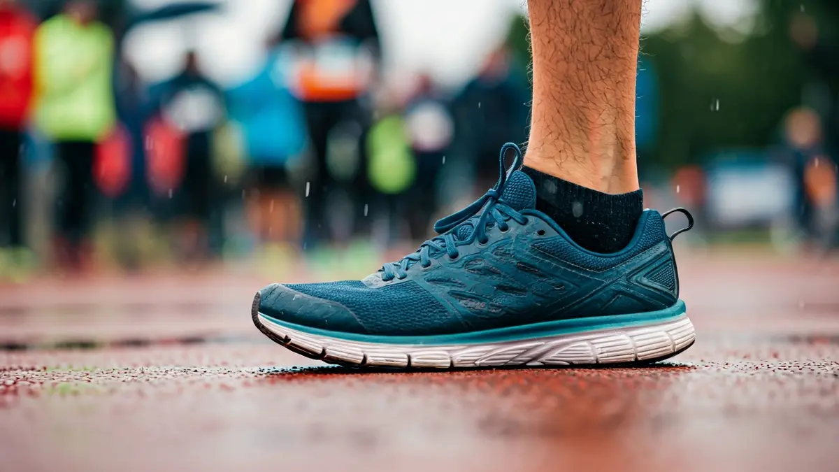 Imagen genérica de zapatillas de correr sobre asfalto mojado con una multitud borrosa al fondo.