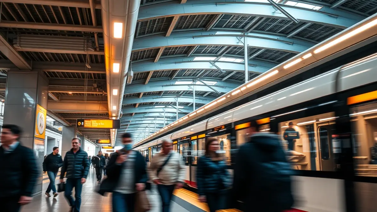 Imatge genèrica d'un intercanviador de transport públic amb passatgers en moviment.