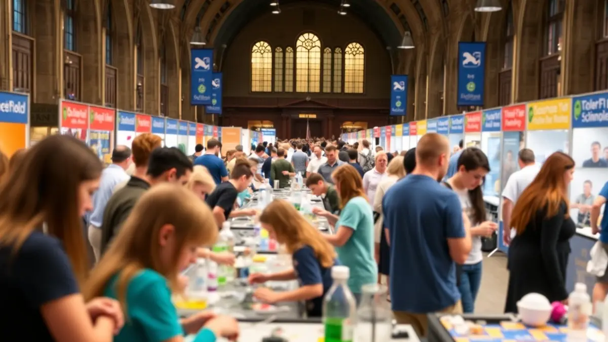 Imagen genérica de una feria de ciencia con gente interactuando con exposiciones.