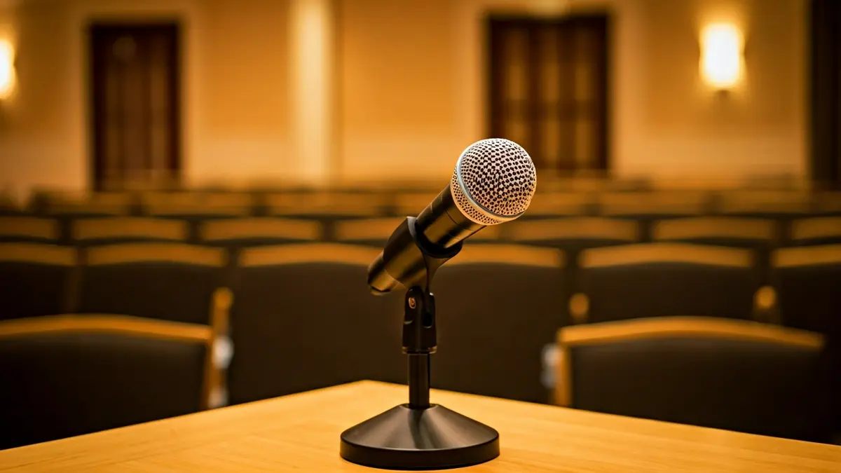 Imatge genèrica d'un micròfon en un podi en una sala de conferències buida.