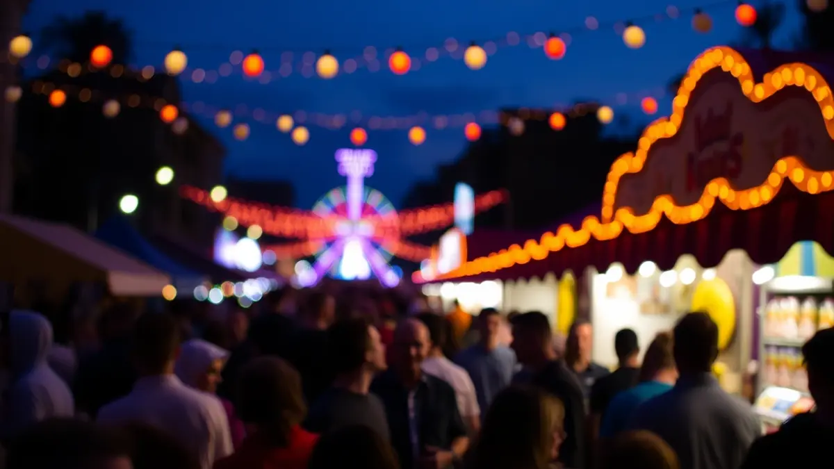 Imatge genèrica d'una fira nocturna amb llums i gent, creant un ambient festiu.