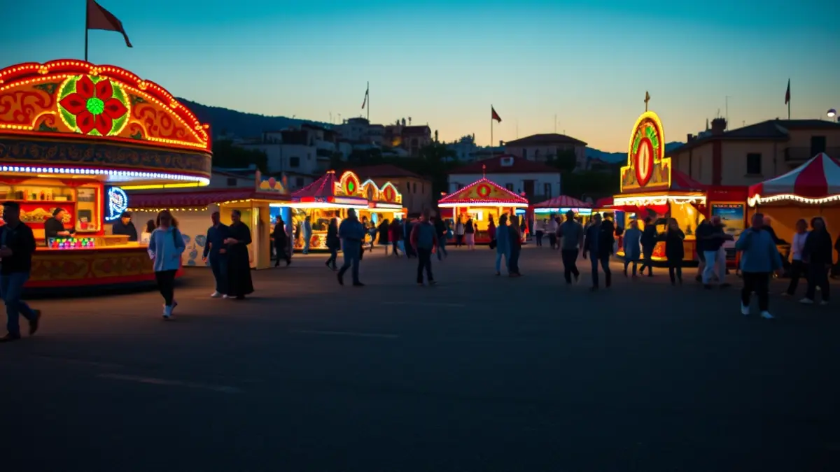 Imatge d'una fira amb casetes il·luminades i gent gaudint de l'ambient festiu al capvespre.