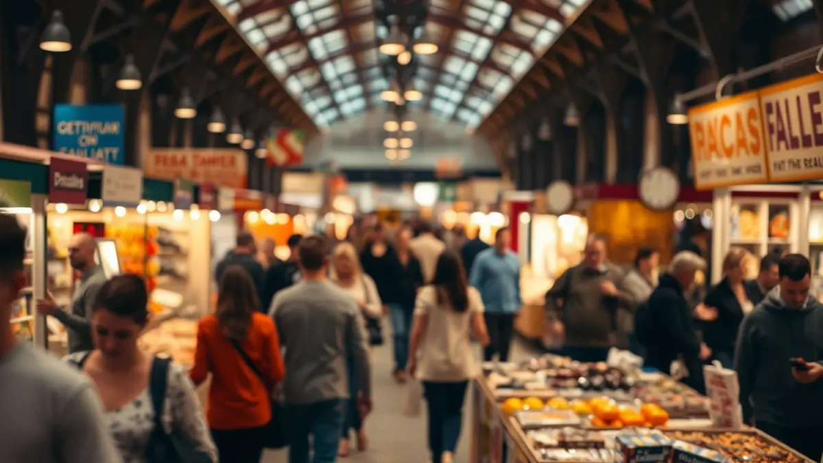 Imatge genèrica d'una fira comercial amb expositors i visitants.